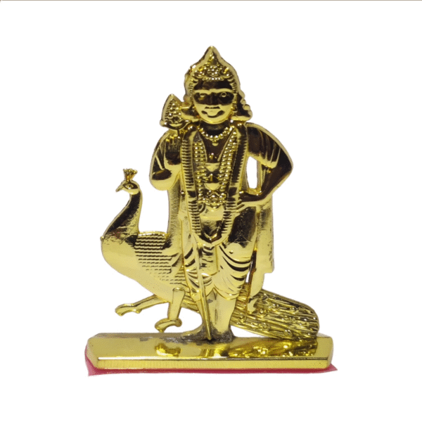 Murugan Statue with Peacock idol for Car dashboard and Home decor / Gold / Metal / Height 6cm, Width 4cm